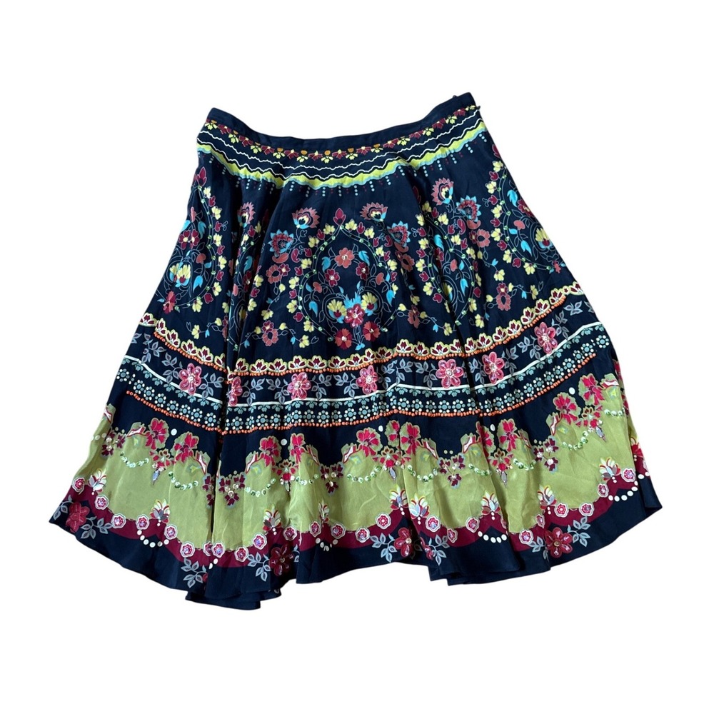 Lapis Silk Floral Beaded Skirt Women Black Boho‎ Flare SIZE L